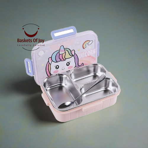 Bento lunch box steel unicorn with spoon three grid 3 grid