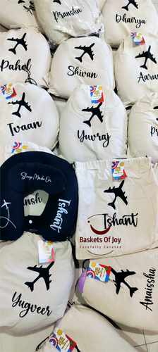 Personalised travel hamper for birthday return gift neck pillow, eye mask, bag