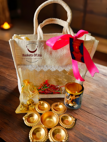 Festive Elegance Diwali Hamper – Jute Bag with Urli, Dry Fruits & Chocolates
