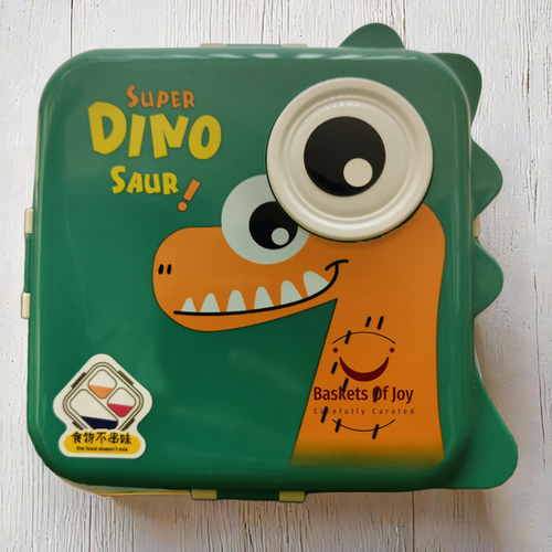 Dinosaur bento square shaped spill proof three saction steel lunch box for kids