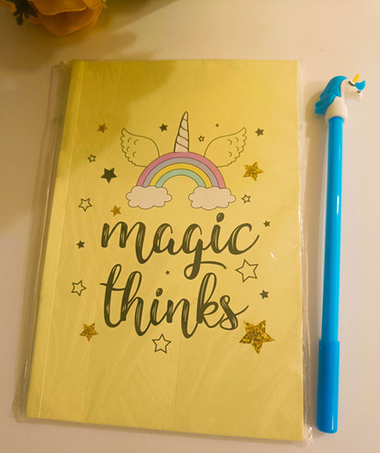 Unicorn gel pen and magic dunes a5 ruled book combo birthday return gift