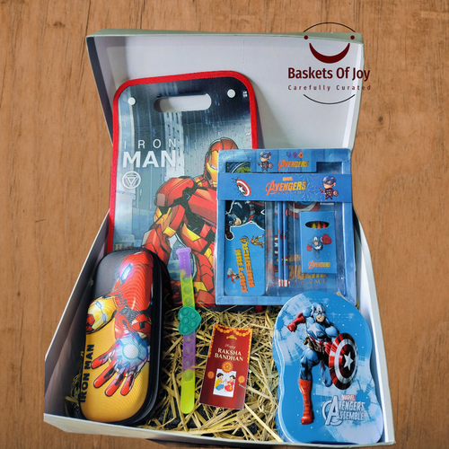 Mini avengers with iron man spark rakhi hamper