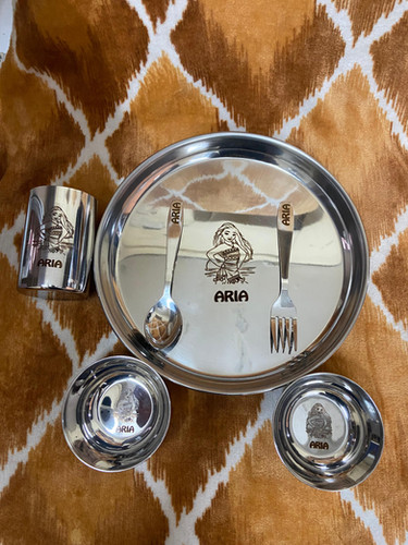 Customised round thali set with glass bowl and spoon for birthday return gift