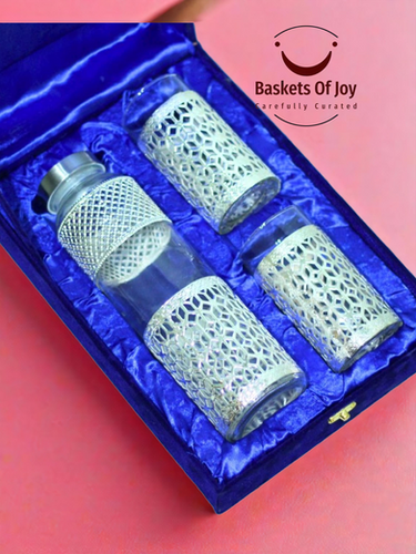 German silver bottle and two glass giftset for wedding return gift (10 sets)